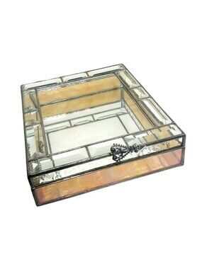 Vintage Stained Glass Jewelry Box With Mirrored Bottom & Hinged Lid